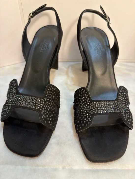 Hermes Black Suede Crystal Embellished Slingback H Sandals Size 39,9 (US 9,5) - Picture 6 of 17